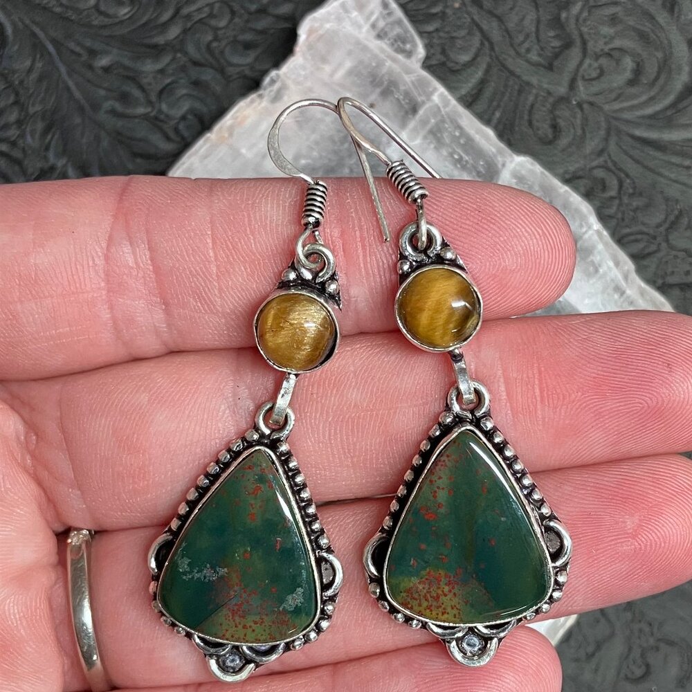 Tigers Eye and Bloodstone Heliotrope Earrings Crystal Stone Jewelry